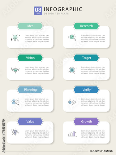 Timeline Creator infographic template. 8 Step timeline journey, calendar Flat simple infographics design template. presentation graph. Business concept with 8 options, gantt vector illustration.