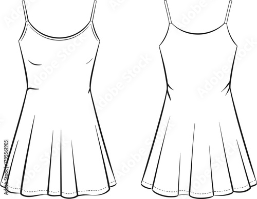 Sleeveless dress sketch, spaghetti strap fashion illustration, technical garment drawing, pleated skirt design, front and back view vector