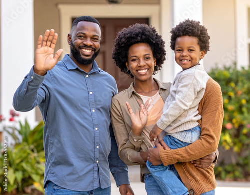 Happy black family waving in front of home