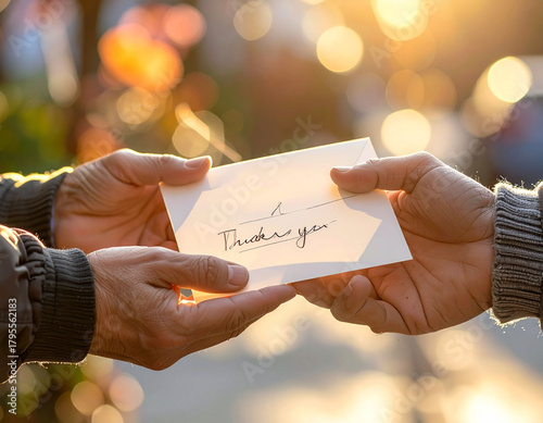 Hands exchanging thank you note expressing gratitude
