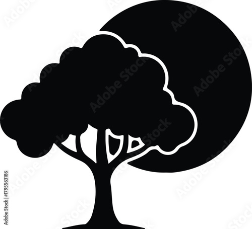 Illustrator Tree against moon minimalist scenic simple design Silhouette vector