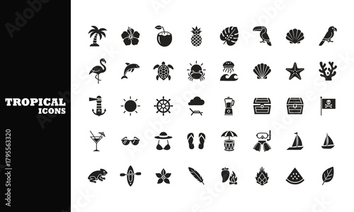 Vibrant tropical icons showcase summer vacation fun, beach adventures, and exotic island elements for creative projects.