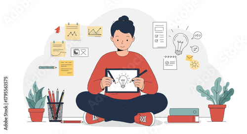 Person drawing light bulb on tablet