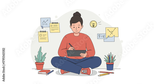 Person Drawing on Tablet Surrounded by Notes and Plants