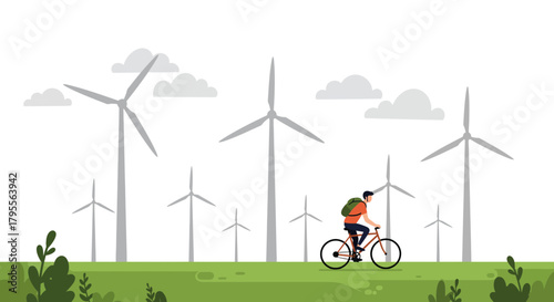 Man cycling near wind turbine