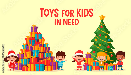 Children celebrating with gifts for kids in need by Christmas tree  