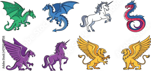 Collection of mythical creatures including dragons, unicorns, and griffins in vibrant colors.