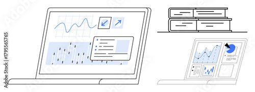 Laptop screen displaying data graphs, bar charts, and analytics with document files nearby. Ideal for data analysis, productivity, digital tools, business, strategy documentation education. Simple