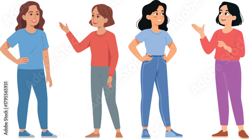 Friendly cartoon illustration of two women talking, casual conversation scene, communication between smiling female characters, social interaction, lifestyle discussion concept