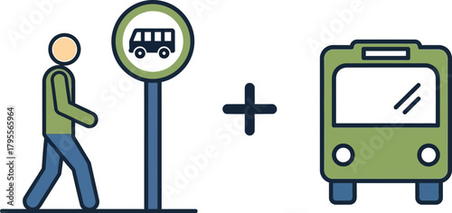 Person walking towards a bus stop sign with a bus illustration nearby.