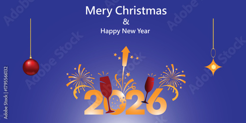 Festive New Year's Eve celebration with fireworks, champagne glasses, and the year 2026 prominently displayed against a blue background.