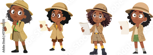 Cute cartoon explorer girl holding map, thinking with curious expression, young adventurer character in safari outfit, exploration, discovery, kids adventure illustration