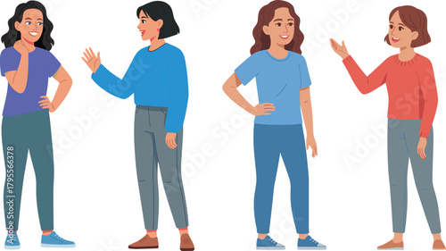 Friendly cartoon illustration of two women talking, casual conversation scene, communication between smiling female characters, social interaction, lifestyle discussion concept