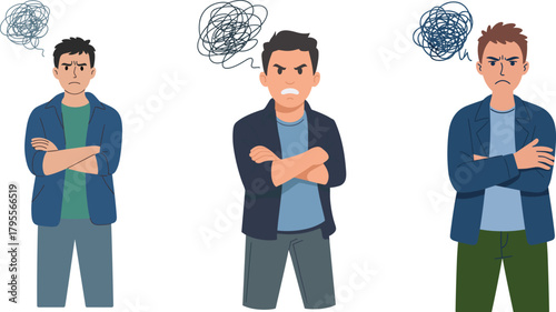 Cartoon illustration of frustrated man with crossed arms, angry expression, stress symbol above head, emotional reaction, negative mood, upset character artwork