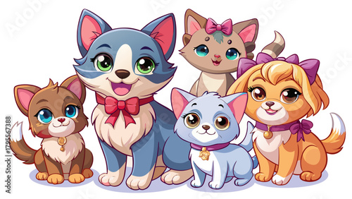 Very beautiful adorable puppies and kittens with cute bows, isolated on a clean white background, featuring charming baby animals in a soft, playful, studio-style illustration suitable for decorative 