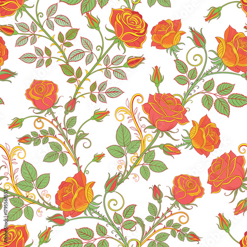 Seamless vector pattern with engraved rose with intricate Victorian details on white background Ornamental styled like vintage etchings, featuring fine cross-hatching, elaborate scrollwork accents