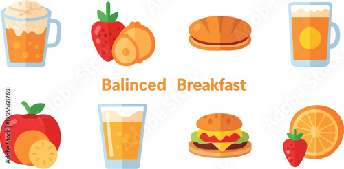 Whimsical illustration of a balanced breakfast with fruits, drinks, and a burger.