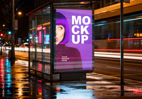 Illuminated Street Poster Mockup at Bus Stop with Night City Light Trails