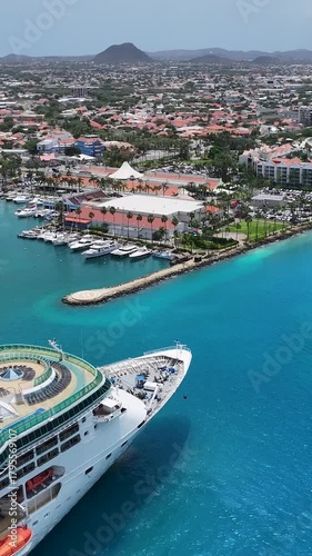 Port Of Aruba At Oranjestad Caribbean Netherlands Aruba. Cruise Ship Leaving Bay Area City Skyline In Background. Deserted Skyline Peaceful Beauty. Peaceful Watercolor Shore.