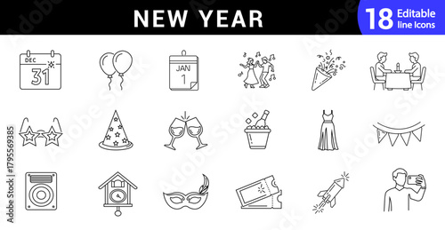 New year celebration line icon set. Editable outline party, fireworks, celebration, dance, wishes, events and more. Vector illustration