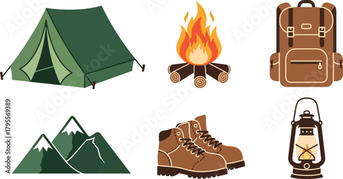 Outdoor adventure essentials including a tent, campfire, backpack, boots, lantern, and mountains.
