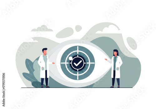 Two scientists examining a large eye symbol with a target and checkmark, symbolizing vision, accuracy, and medical research isolated on transparent background