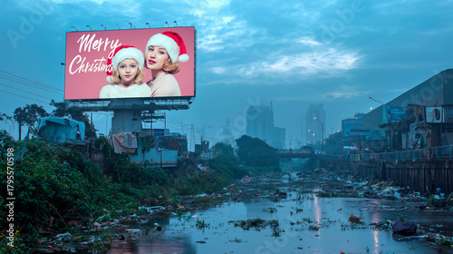 A gigantic Christmas billboard promoting happiness stands over a polluted river: a concept of irony and negation