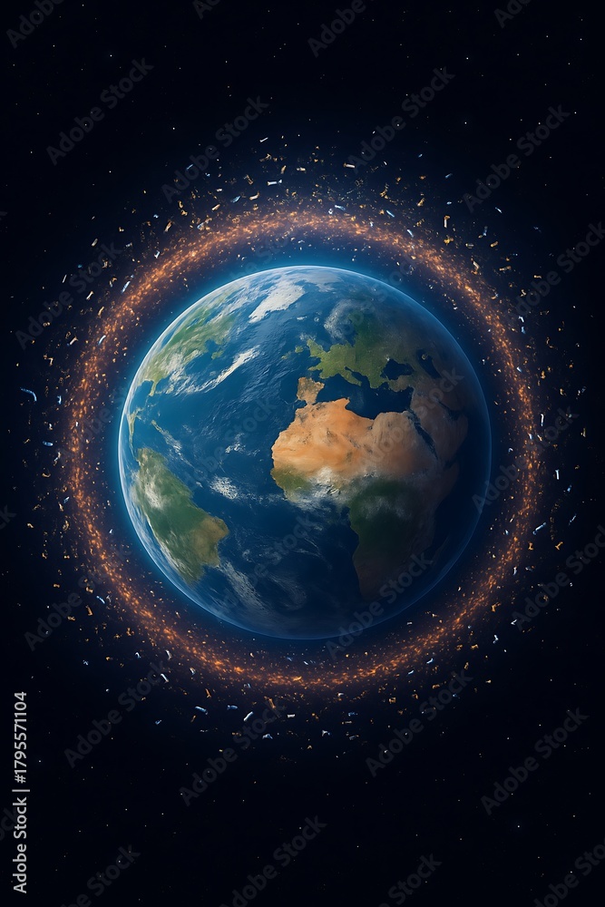 Fototapeta premium Earth from space, surrounded by a dense ring of numerous artificial satellites and space debris