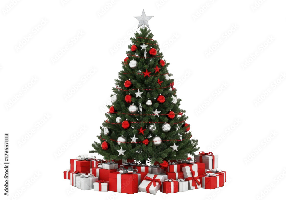 Obraz premium A beautifully decorated christmas tree with red and white ornaments and presents underneath, isolated on transparent background