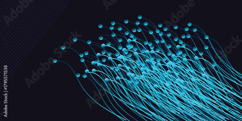 Abstract orange particles of optical fiber illustrationlines with dots over dark background. connecting or big data concept