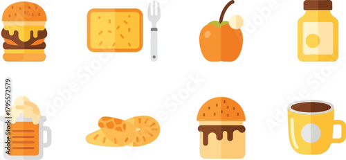 A vibrant collection of flat design food icons, featuring burgers, drinks, and fruits for a cheerful mealtime theme.