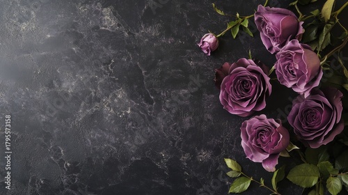 Top view of vibrant purple roses with green leaves arranged on a dark, textured background, elegant floral flat lay composition.