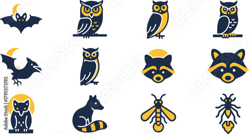 Whimsical collection of stylized nocturnal animals and insects in a playful color palette