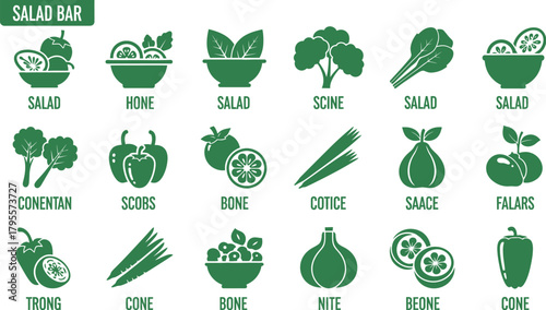 Fresh and healthy salad ingredients arranged in a vibrant green graphic display.