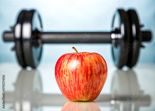 Red apple and gym dumbbell symbolizing healthy fitness and wellness concept