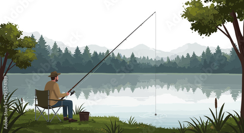 Person Fishing by Lake with Rod and Mountain View