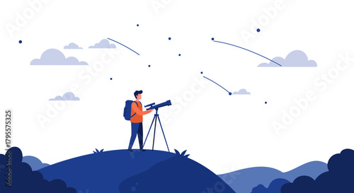 Man looking through telescope at stars and clouds