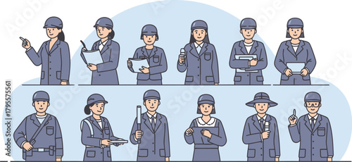 Diverse group of professionals in uniform, pointing and holding documents