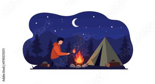 Man lights campfire near tent under starry night sky
