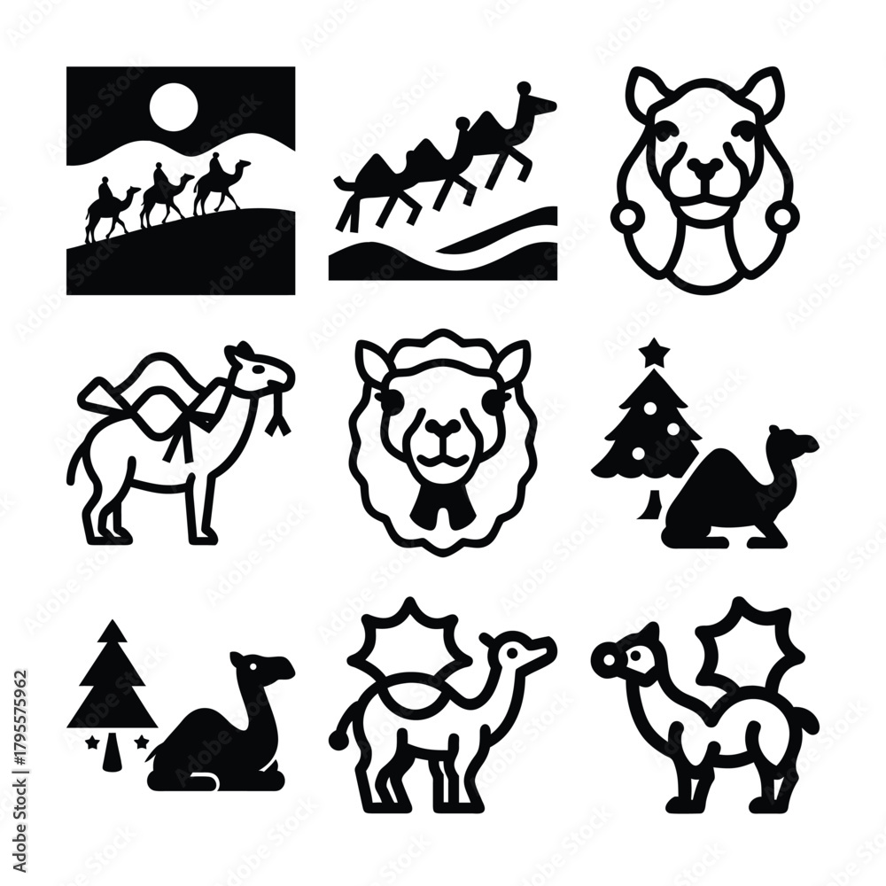 Obraz premium Collection of camel and desert scene icons with christmas elements