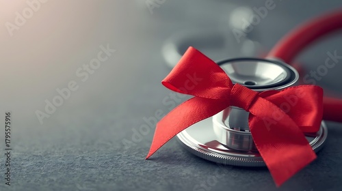 Stethoscope with Red Ribbon Bow on Dark Background for Health Awareness