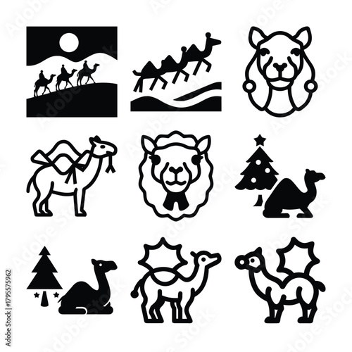Collection of camel and desert scene icons with christmas elements