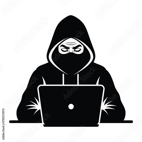 Anonymous hacker in hoodie using laptop for cybercrime illustration