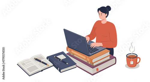 Woman uses Laptop on Book Stack with Tea