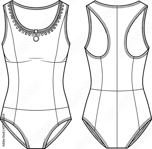 Sleeveless bodysuit fashion sketch, scoop neckline garment illustration, racerback seam detail design, pendant embellishment front view, technical vector drawing for apparel template