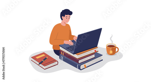 Person uses Laptop on Stack of Books with Tea