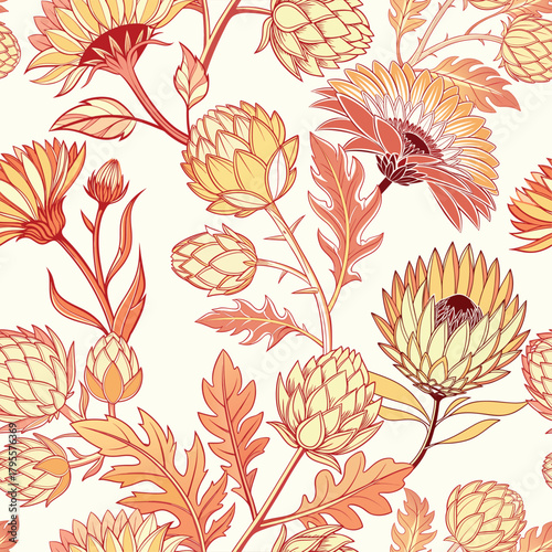 Decorative seamless vector pattern featuring stylized protea, artichoke, and sunflower-like flowers with layered petals and intricate outlines in warm yellow, orange, and terracotta