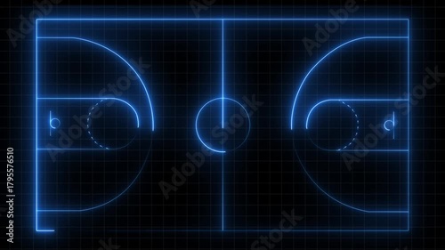 Neon blue basketball court schematic blueprint glowing lines on dark grid background digital animation abstract sports strategy concept