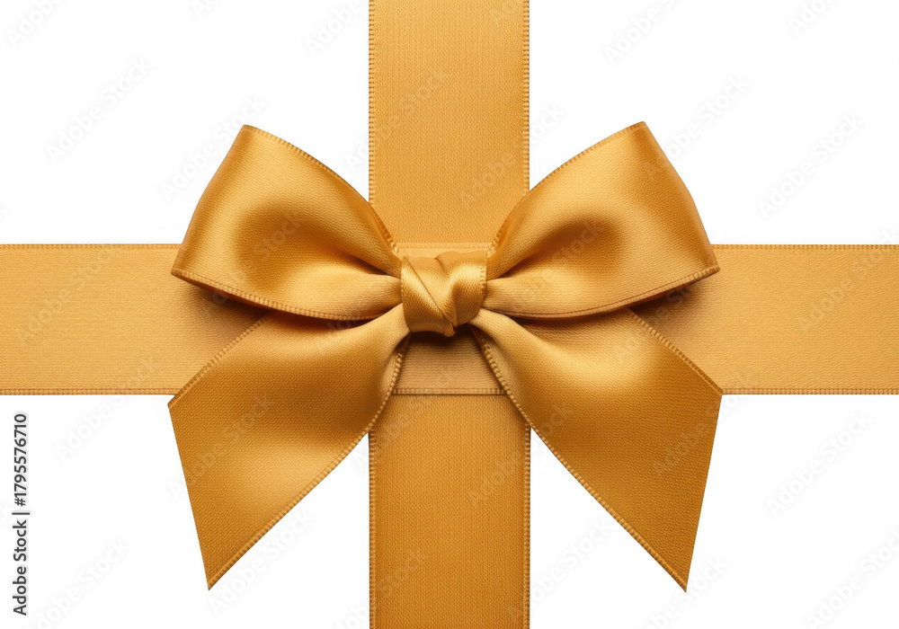 Fototapeta premium Golden satin ribbon bow tied on a cross of golden ribbon isolated on transparent background