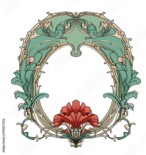 An ornate art nouveau floral frame with green leaves, curling tendrils, and oval shape with hibiscus flower at base.